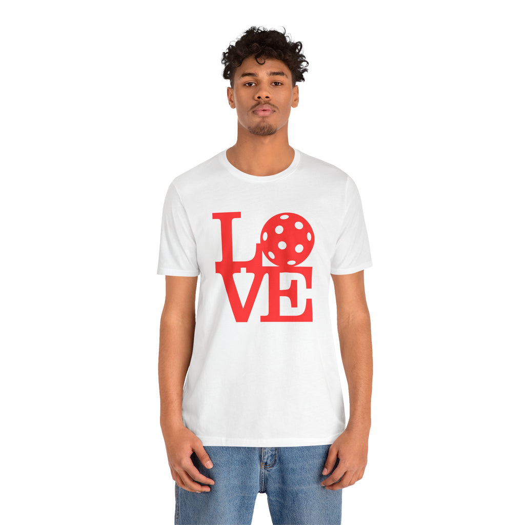 Red LOVE Pickleball graphic T-shirt by Printify featuring bold pop art design, casual short-sleeve tee for pickleball enthusiasts.