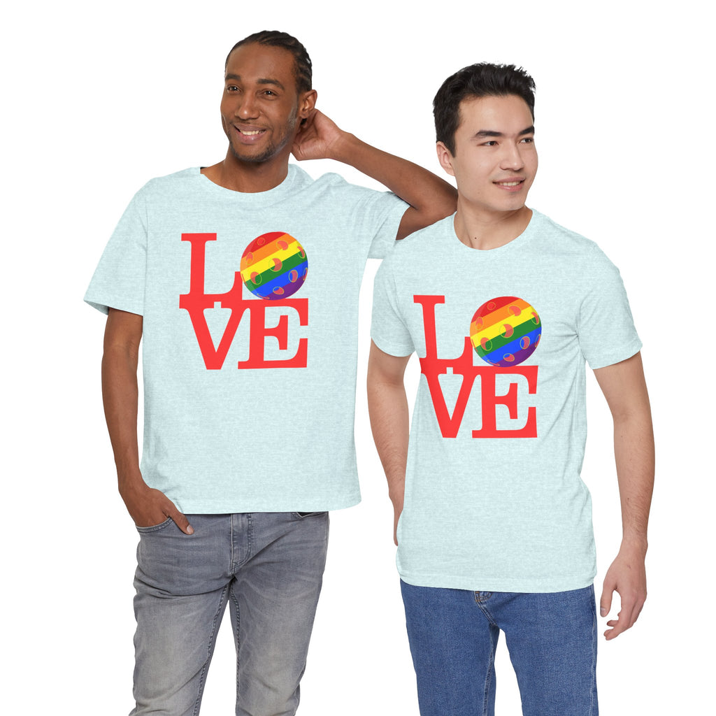 Rainbow LGBTQ2 Pride T-Shirt featuring the LOVE Pickleball logo, vibrant colors, and a comfortable cotton fabric.