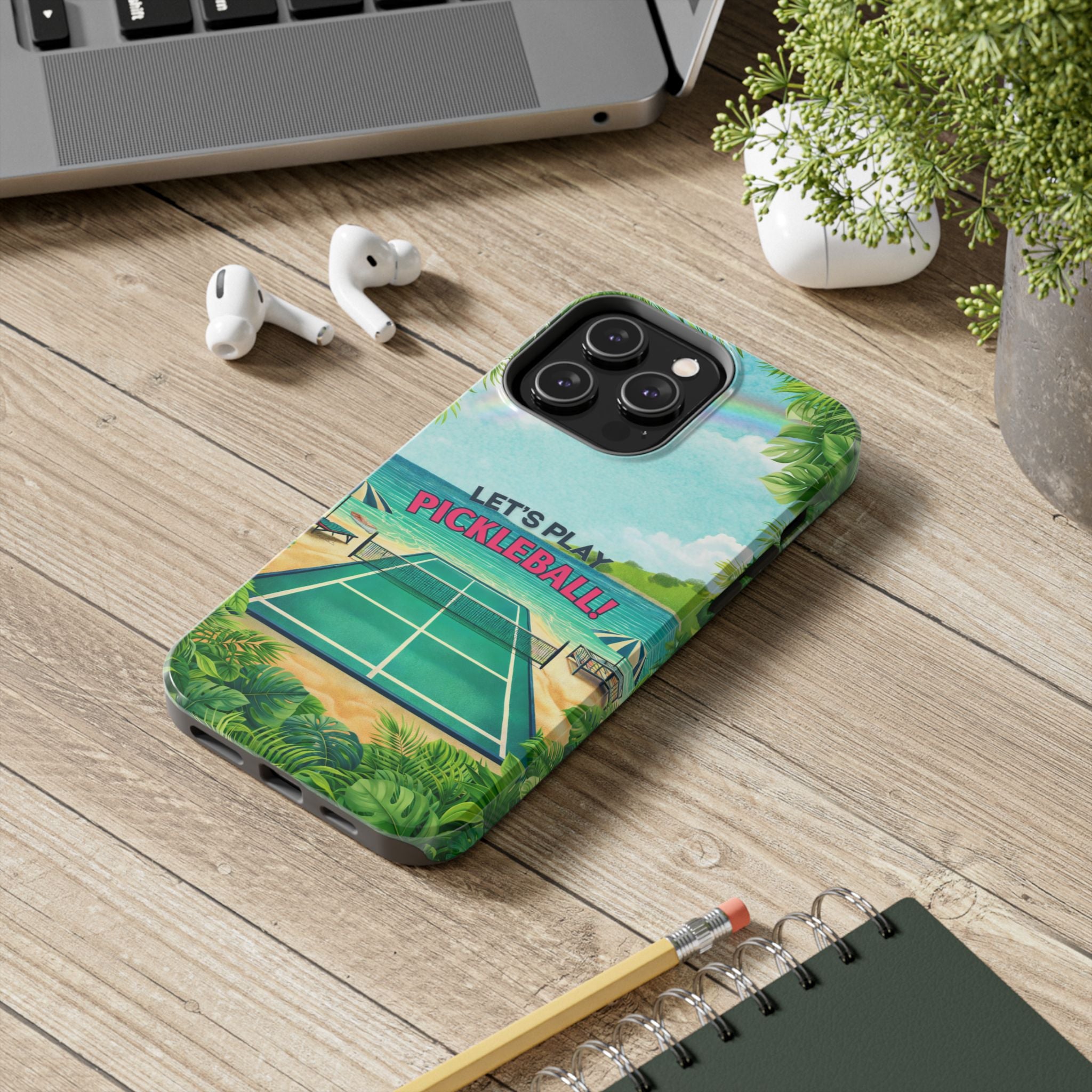 Let's Play Pickleball Tropical Tough Phone Case by Printify showing a colorful beach court design on a durable phone case.