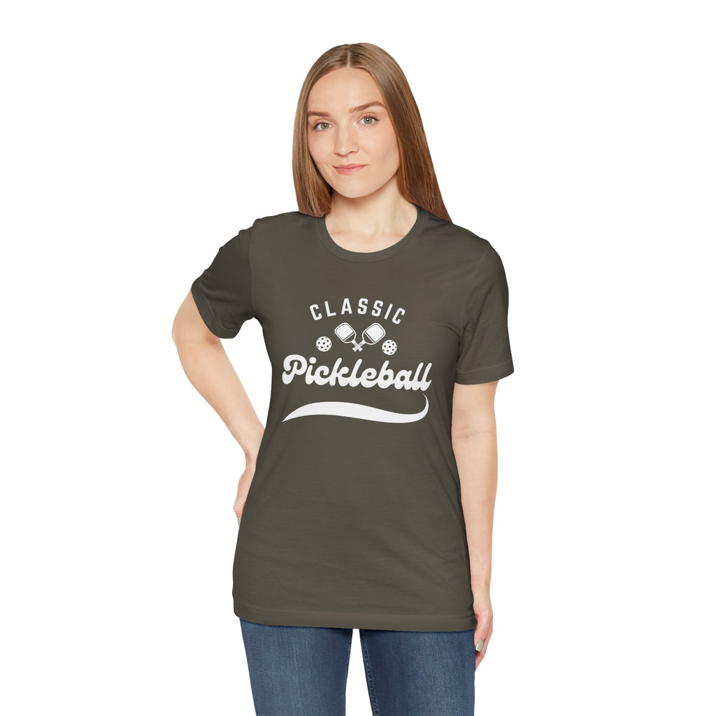 Black Classic Pickleball T-shirt with "Pickleball" script design by Printify, featuring a casual fit and comfortable fabric.