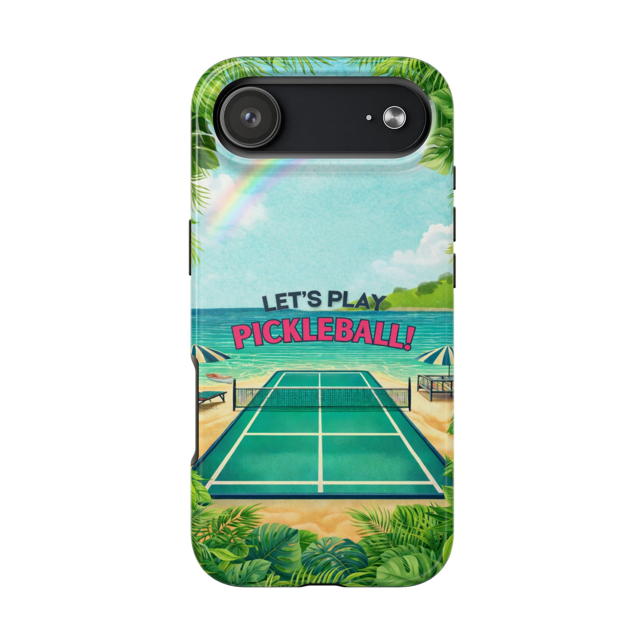 Let's Play Pickleball! Tropical Tough Phone Case | Supports Wireless Charging | Compatible with iPhone and Samsung smartphones
