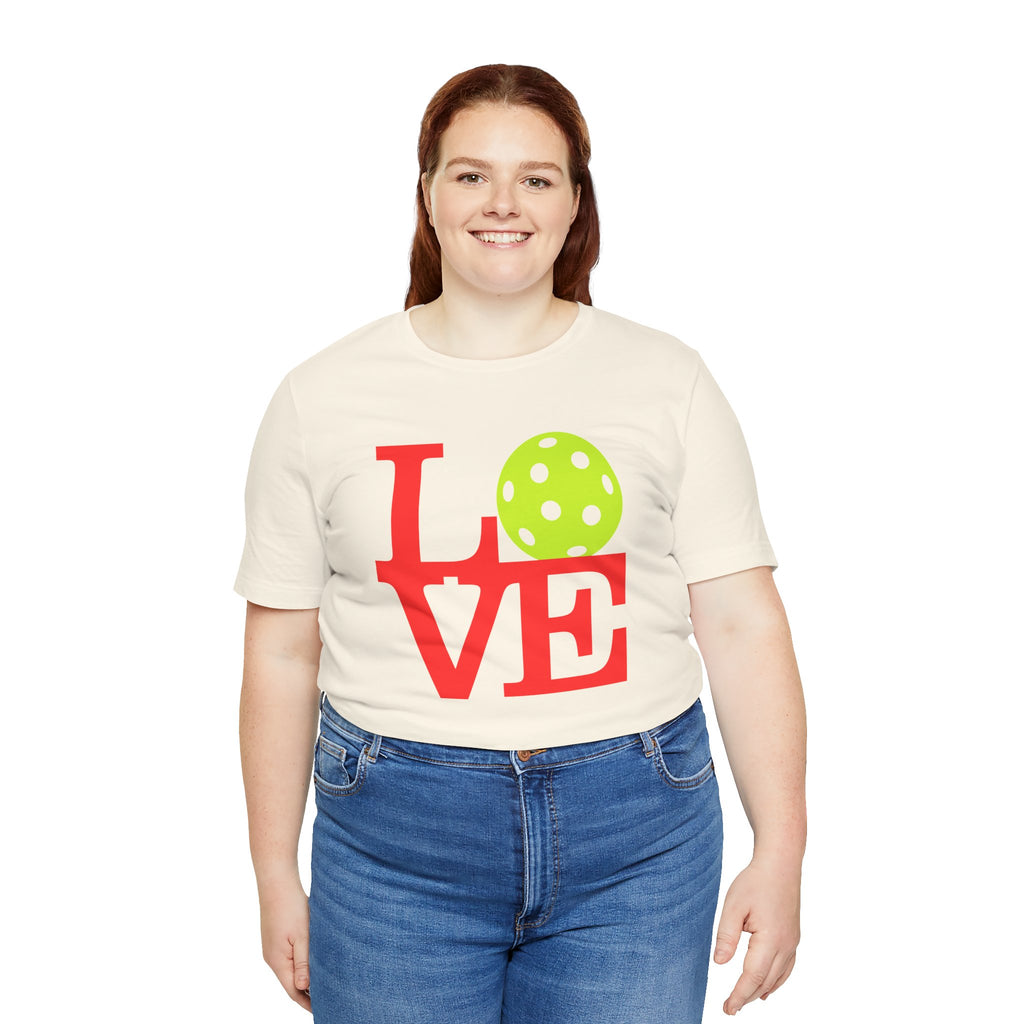 Bright neon pop art pickleball LOVE T-shirt by Printify, featuring bold colorful graphic on a casual premium T-shirt.