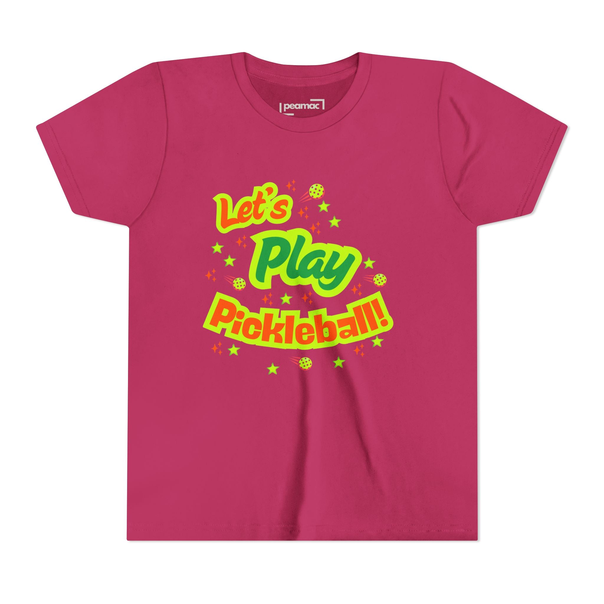 Youth neon pickleball graphic T-shirt for kids, featuring playful "Let's Play Pickleball" design on colorful kids' clothing.