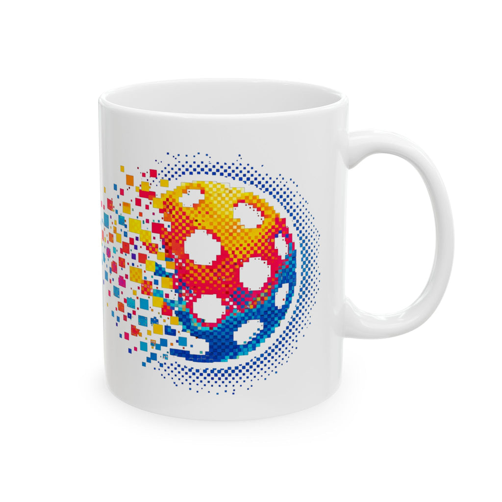Ceramic mug with pixelated pickleball and retro exploding pickleball design, available in 11oz and 15oz sizes.