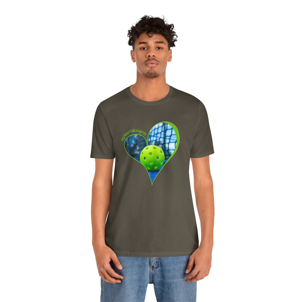 Light gray Pickleball T-shirt with "My Heart Belongs to Pickleball" printed front for players and fans, by Printify.