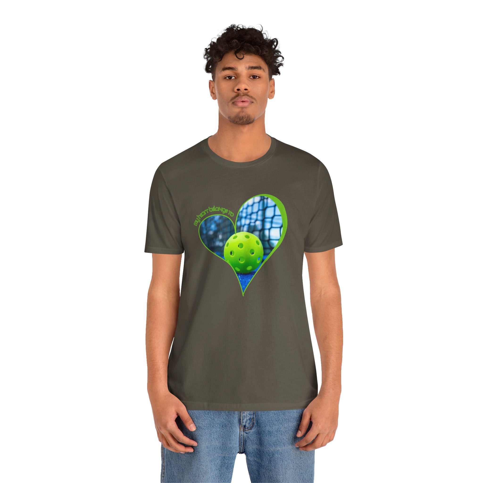 Light gray Pickleball T-shirt with "My Heart Belongs to Pickleball" printed front for players and fans, by Printify.