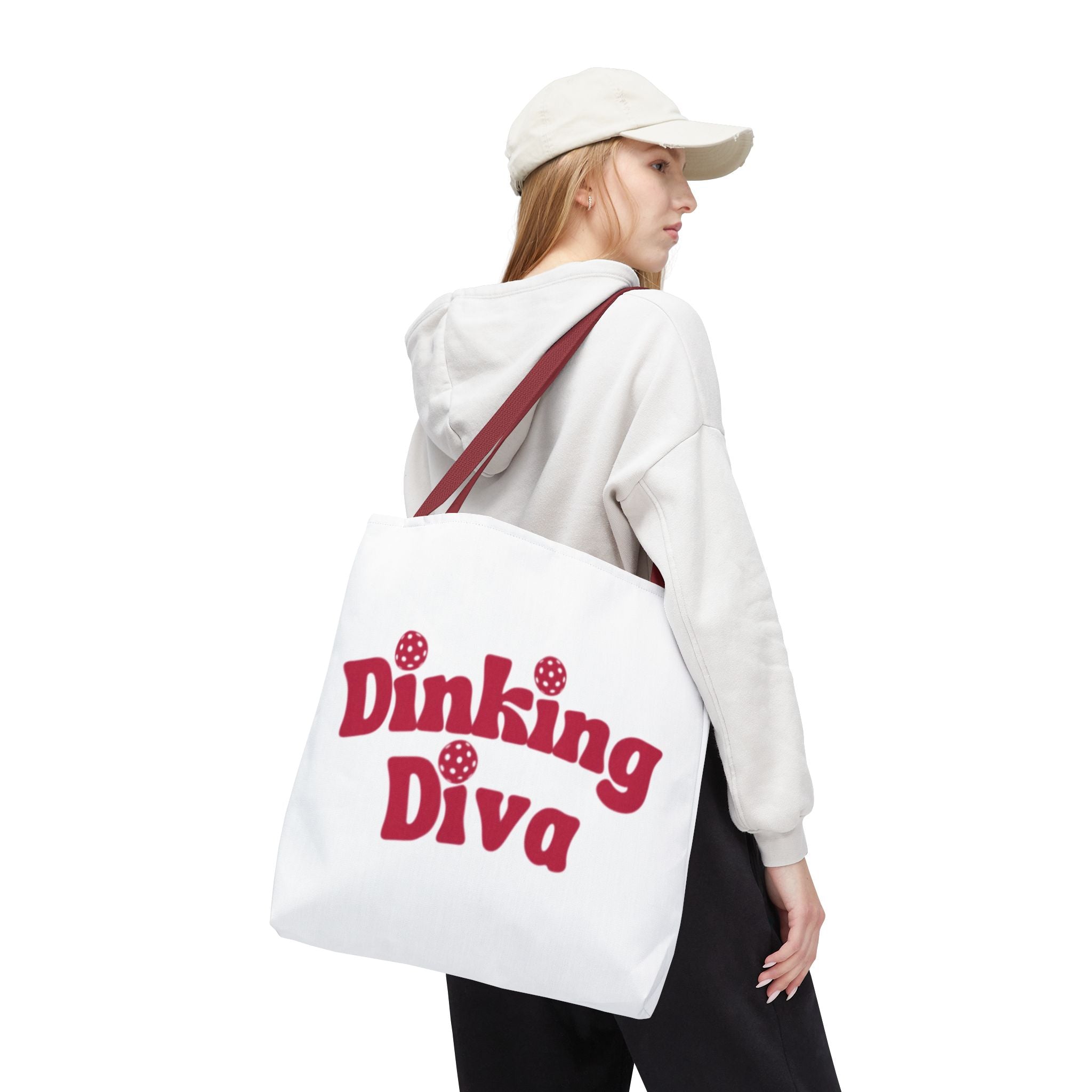 Large Pickleball Dinking Diva tote bag by Printify, 18x18 inches, spacious sustainable accessory for sports gear storage.