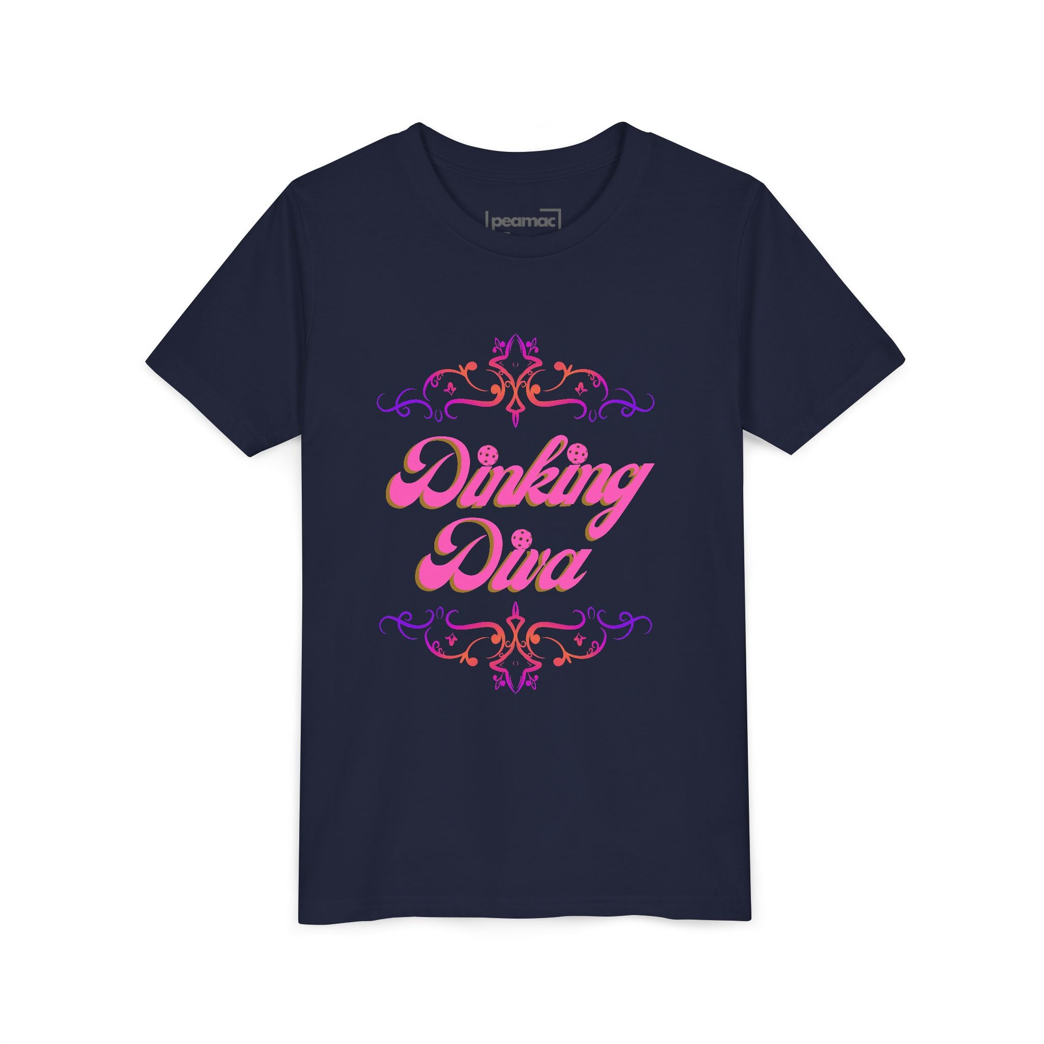 Pink Dinking Diva youth pickleball T-shirt by Printify, featuring a playful pickleball design for kids' sportswear.