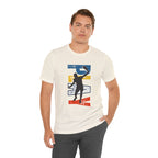 Men's Retro Pickleball Action T-shirt with front silhouette and vertical "PICKLEBALL" text on back, by Printify.