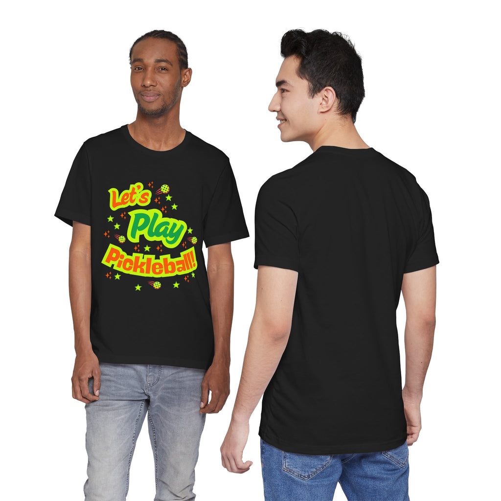 Neon orange and electric green pickleball rally tee with court graphic, casual T-shirt by Printify.