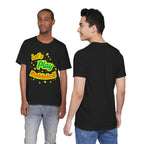Neon orange and electric green pickleball rally tee with court graphic, casual T-shirt by Printify.