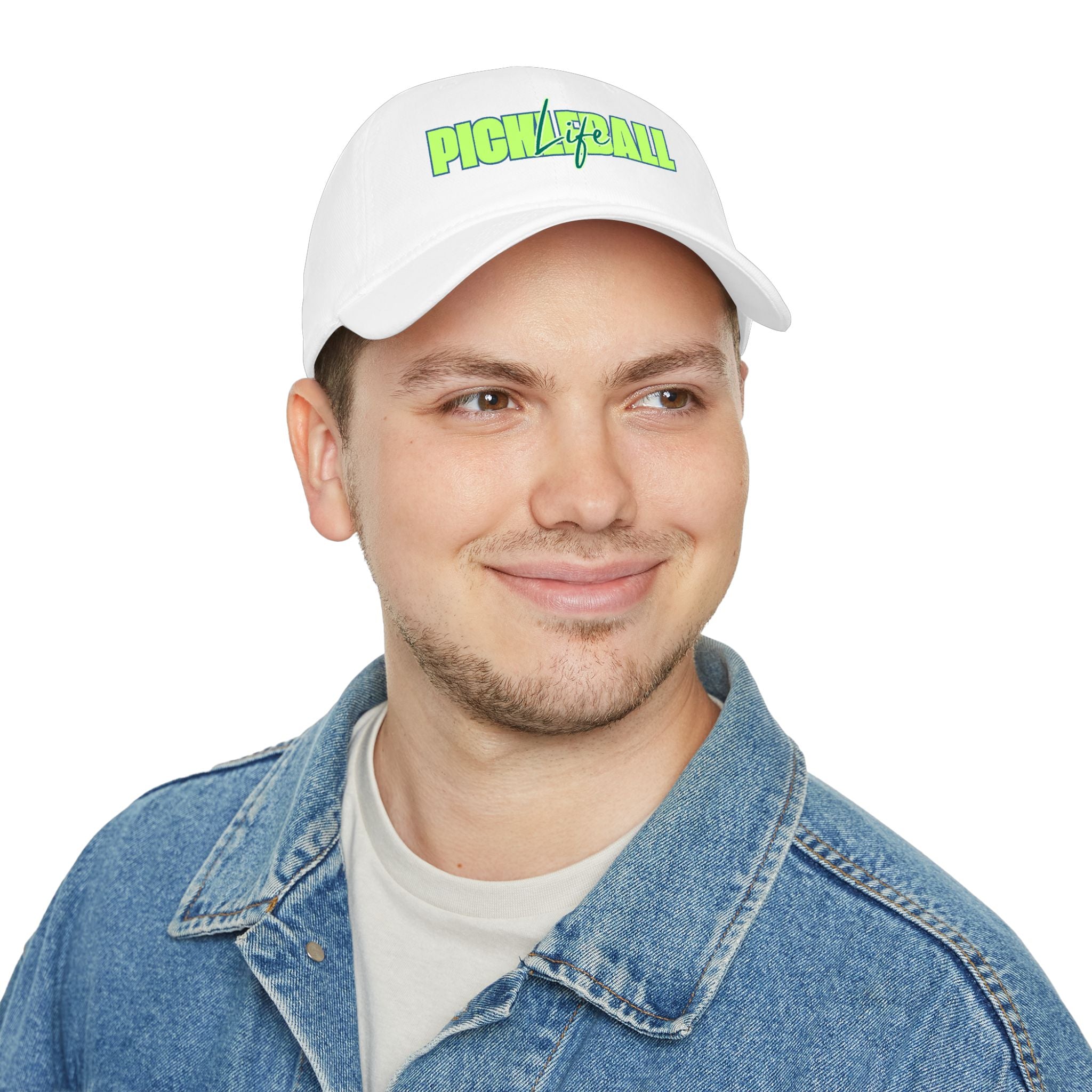 Green and blue script pickleball life low profile baseball cap by Printify, adjustable hat with bold design and curved brim.