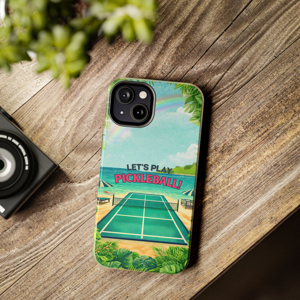 Let's Play Pickleball tropical tough phone case by Printify, featuring a colorful beach court design for iPhone or Android.