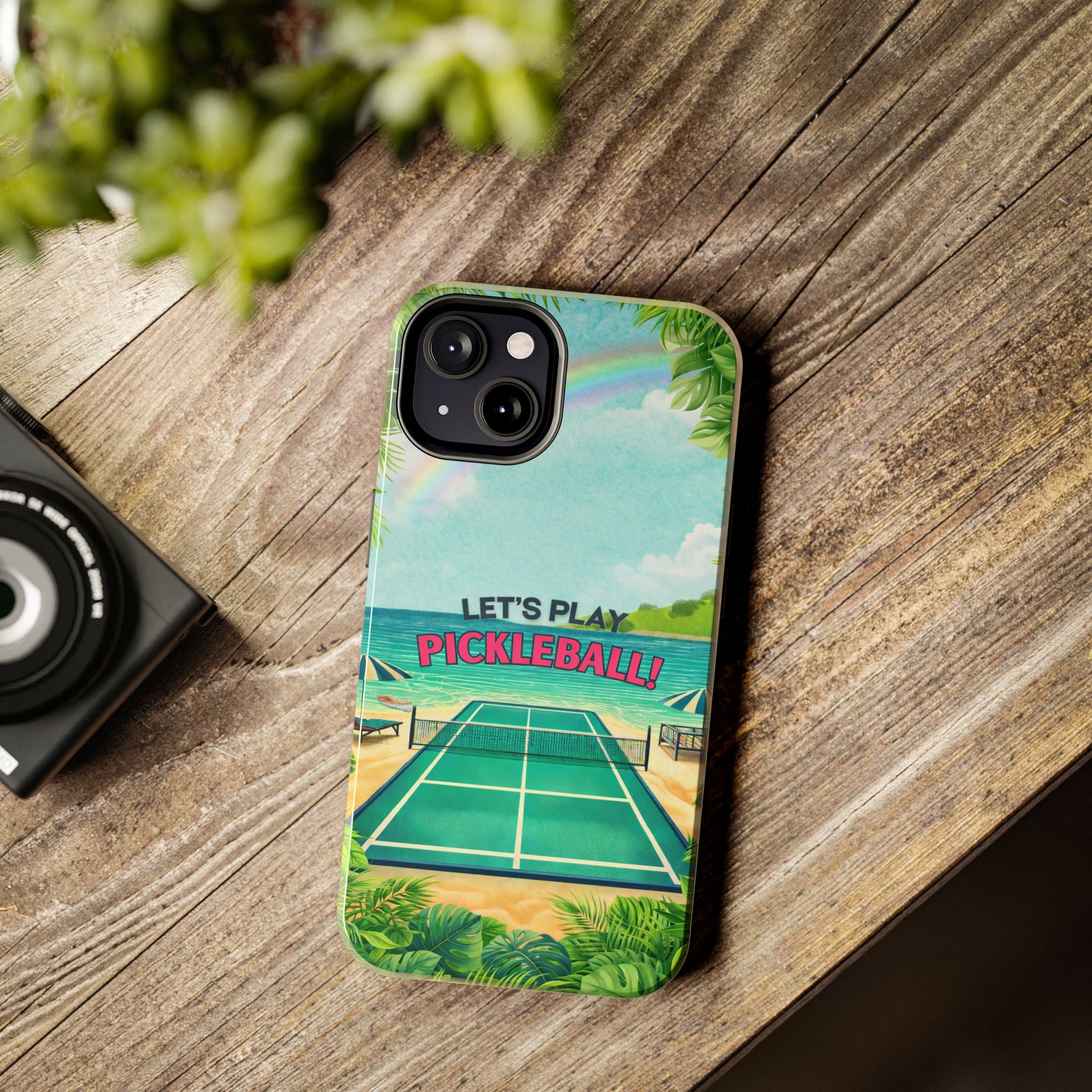 Let's Play Pickleball tropical tough phone case by Printify, featuring a colorful beach court design for iPhone or Android.