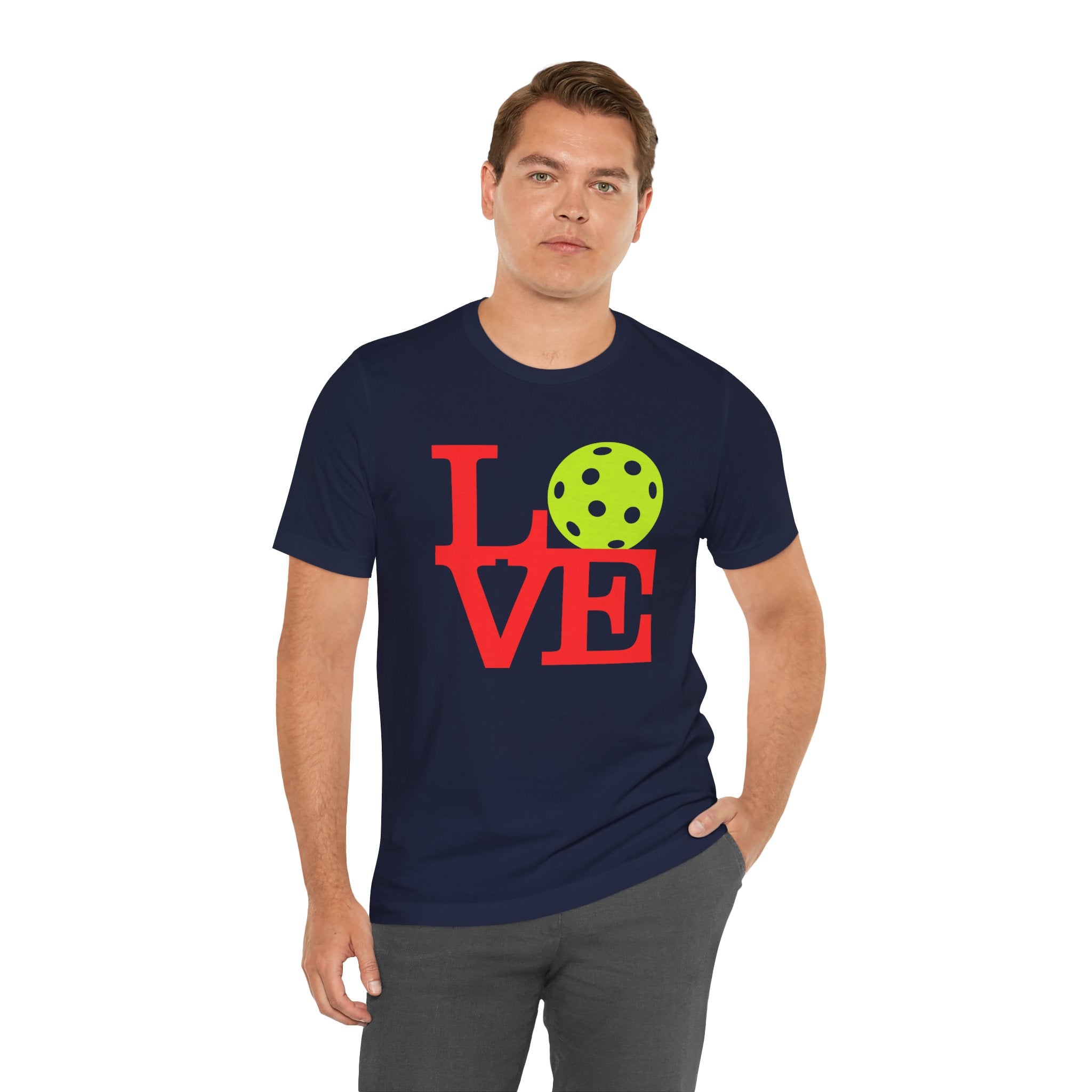 Neon pop art pickleball LOVE T-shirt by Printify, vibrant graphic design on a premium casual T-shirt.