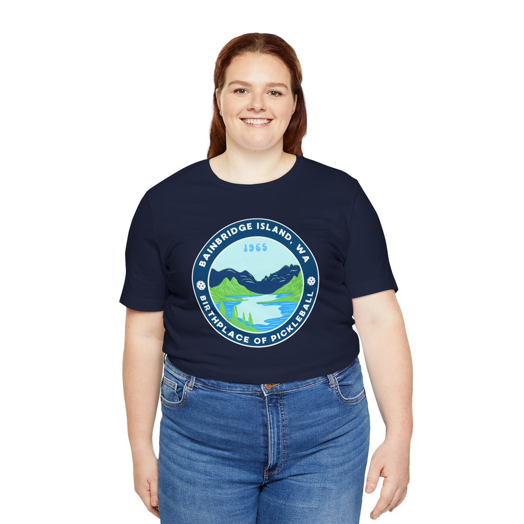 Unisex Bainbridge Island Pickleball T-Shirt featuring "Birthplace of Pickleball 1965" print on a casual tee.