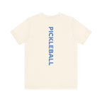 Men's Retro Pickleball Action T-Shirt featuring a dynamic front silhouette and vertical "PICKLEBALL" text on the back.