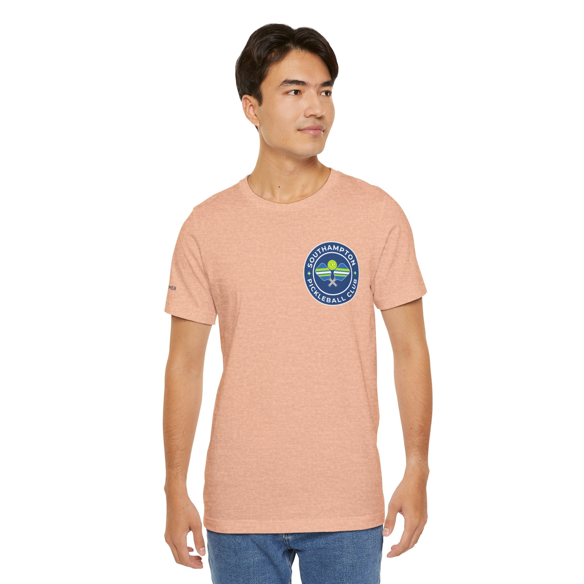 Personalized pickleball T-shirt by Printify featuring custom name sleeve, club logo, and pickleball graphic on the center back.