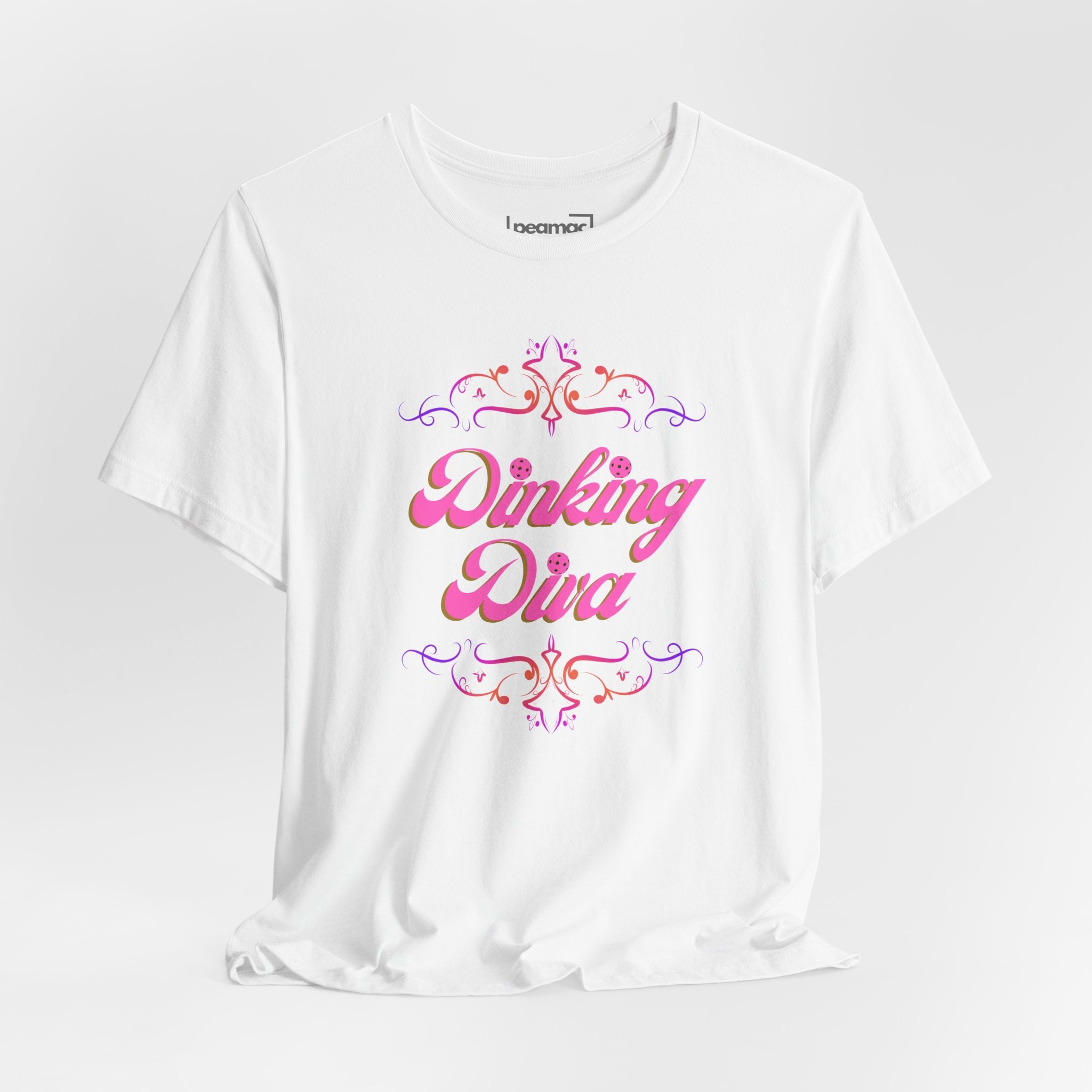 Pink Dinking Diva pickleball T-shirt with filigree design, athletic fit, from Printify, featuring a stylish and comfortable look.