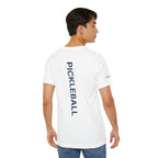 Personalized pickleball T-shirt by Printify with custom name on sleeve and club logo on back, featuring pickleball graphic on center.