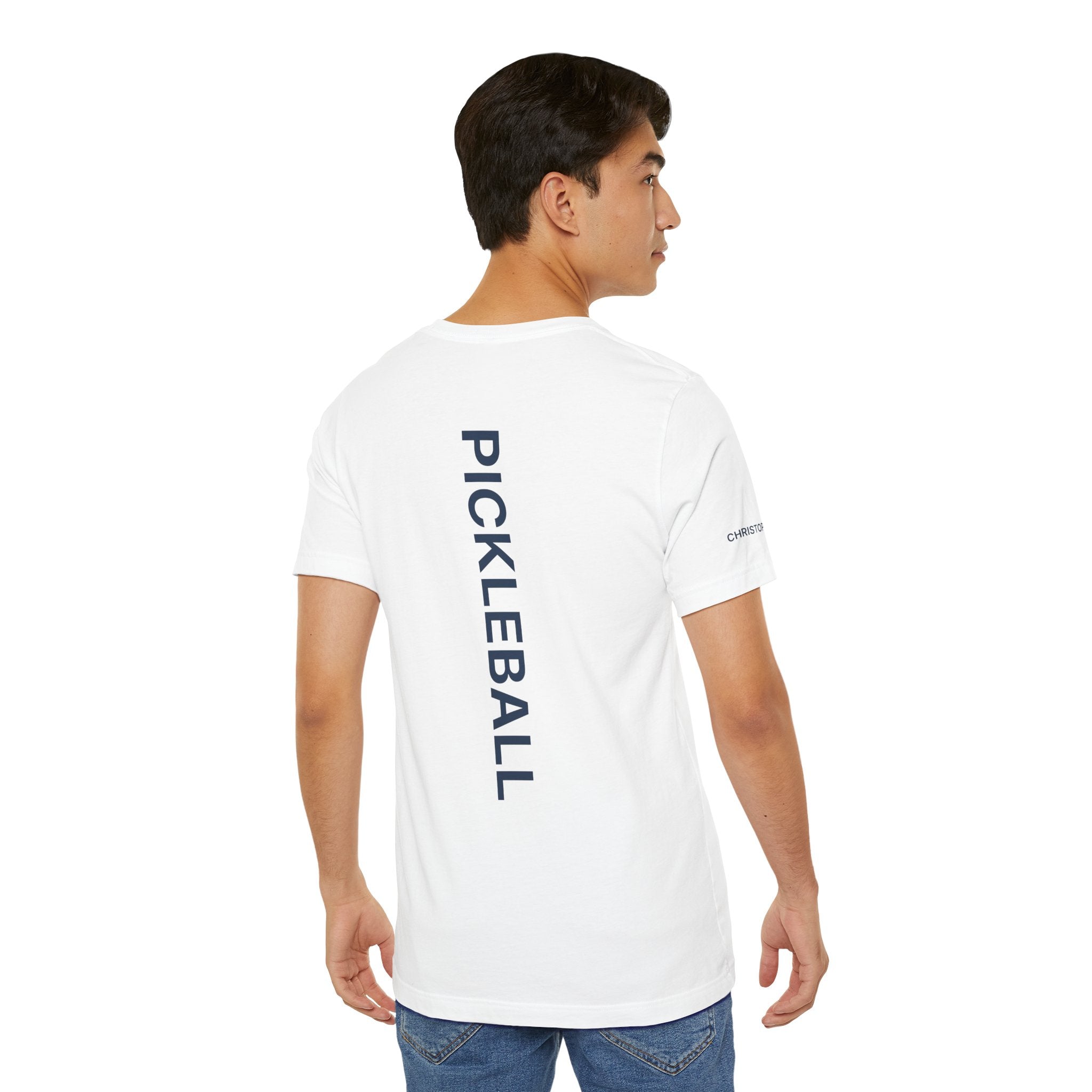 Personalized pickleball T-shirt by Printify with custom name on sleeve and club logo on back, featuring pickleball graphic on center.