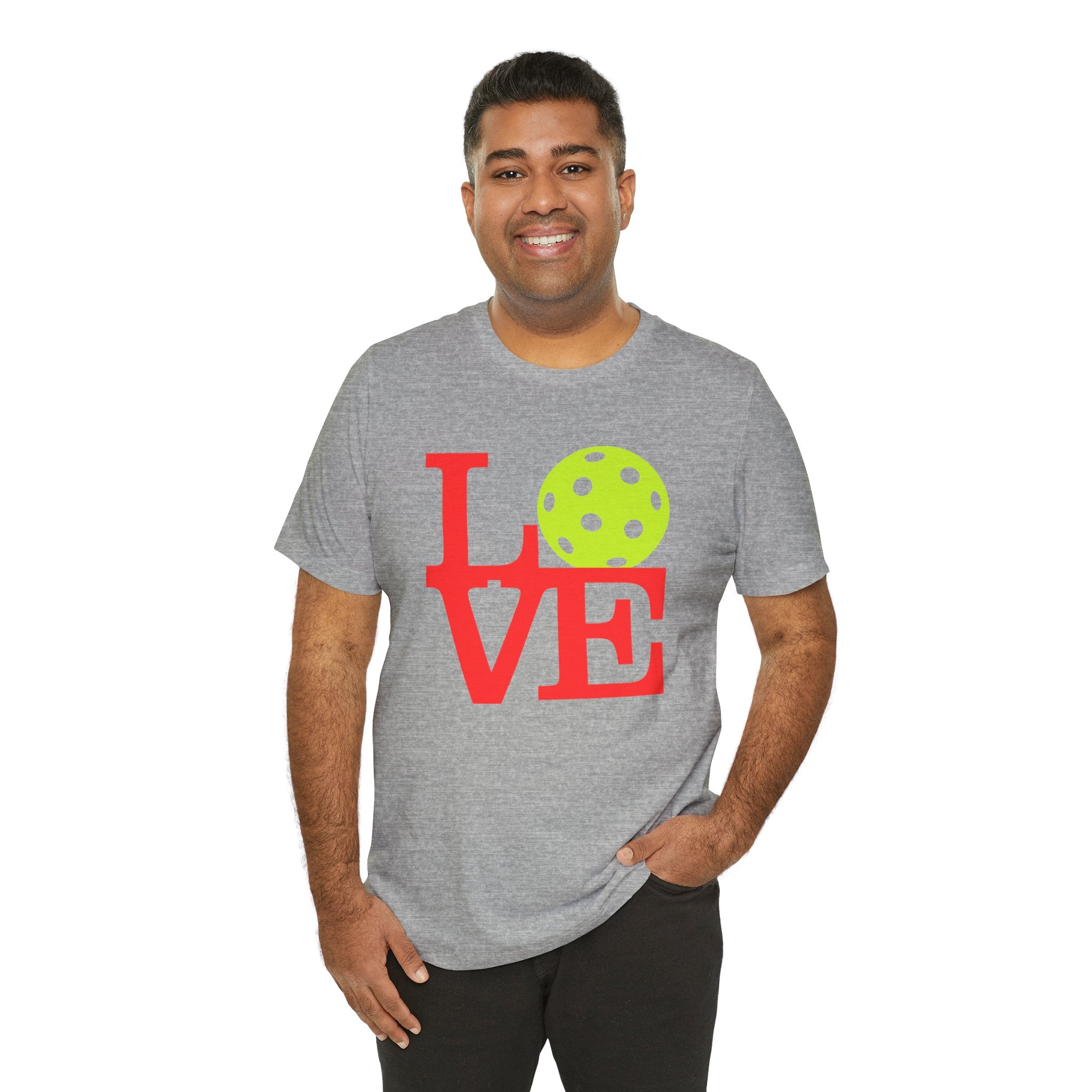 Neon pop art print pickleball LOVE T-shirt by Printify, casual premium cotton tee with colorful graphic design.