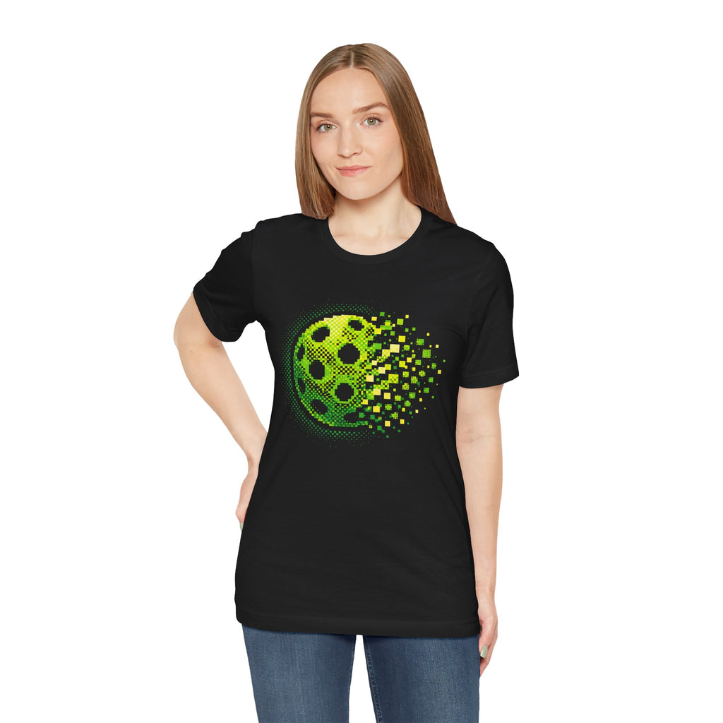 Green Pixelated Pickleball Tee with retro court graphic, stylish T-shirt by Printify featuring vibrant pickleball design.