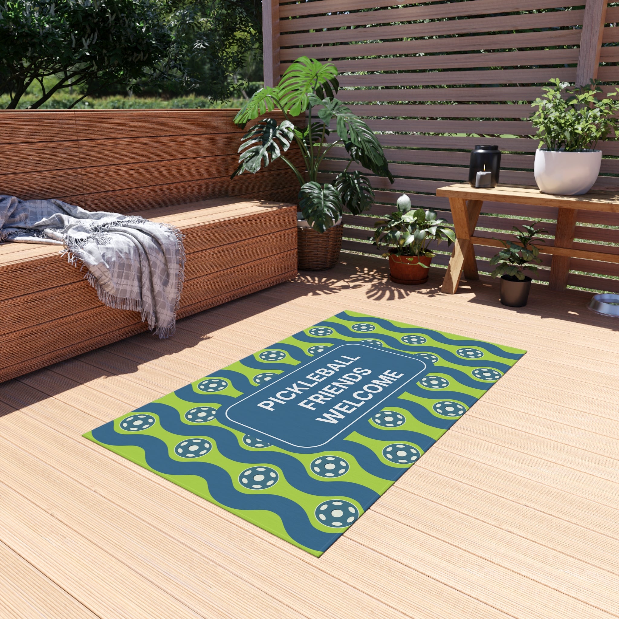 Personalized outdoor pickleball-themed doormat with custom welcome message or name, available in four sizes for home decor.