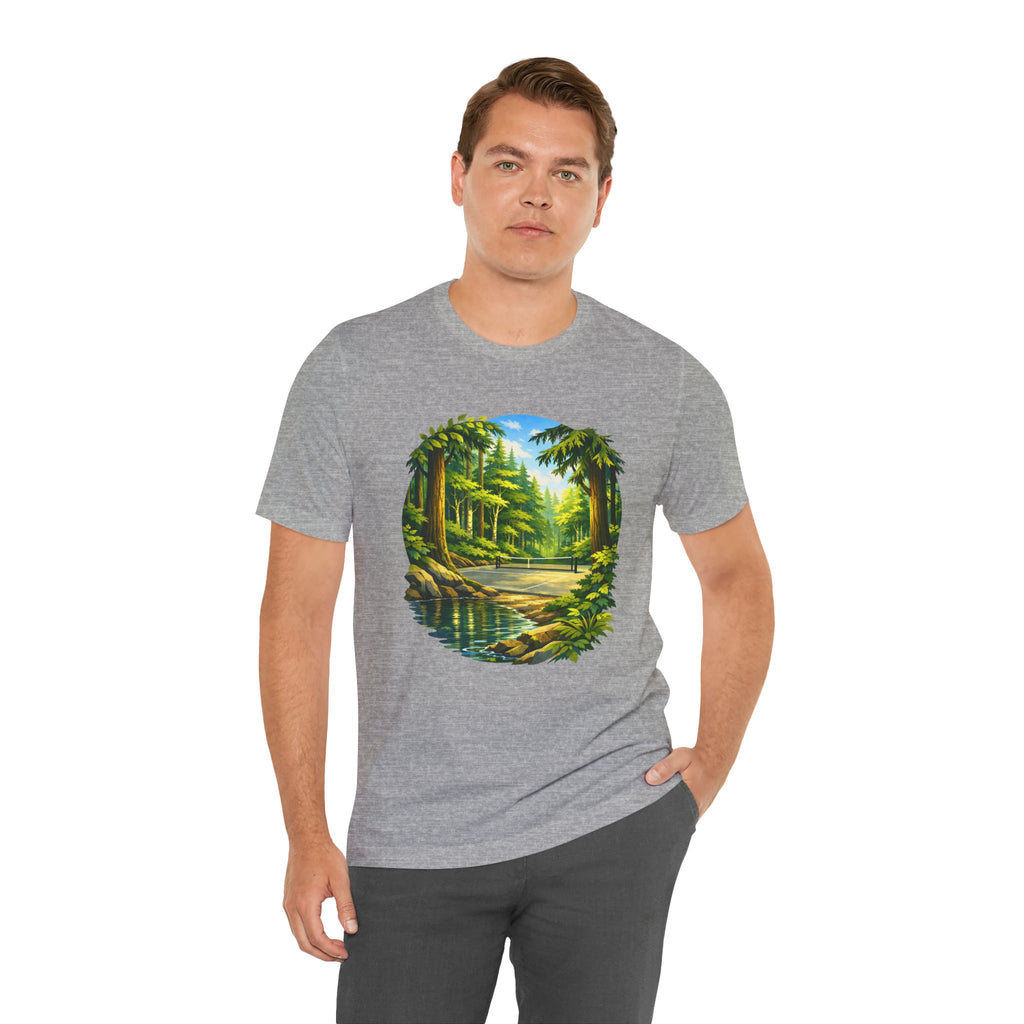 Unisex Hidden Forest Pickleball T-Shirt featuring Bainbridge Island tribute design, made by Printify, shown on a person.