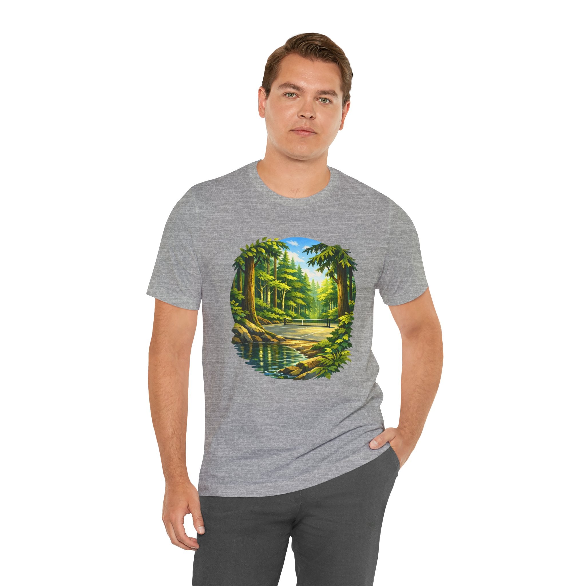 Unisex Hidden Forest Pickleball T-Shirt featuring Bainbridge Island tribute design, made by Printify, shown on a person.