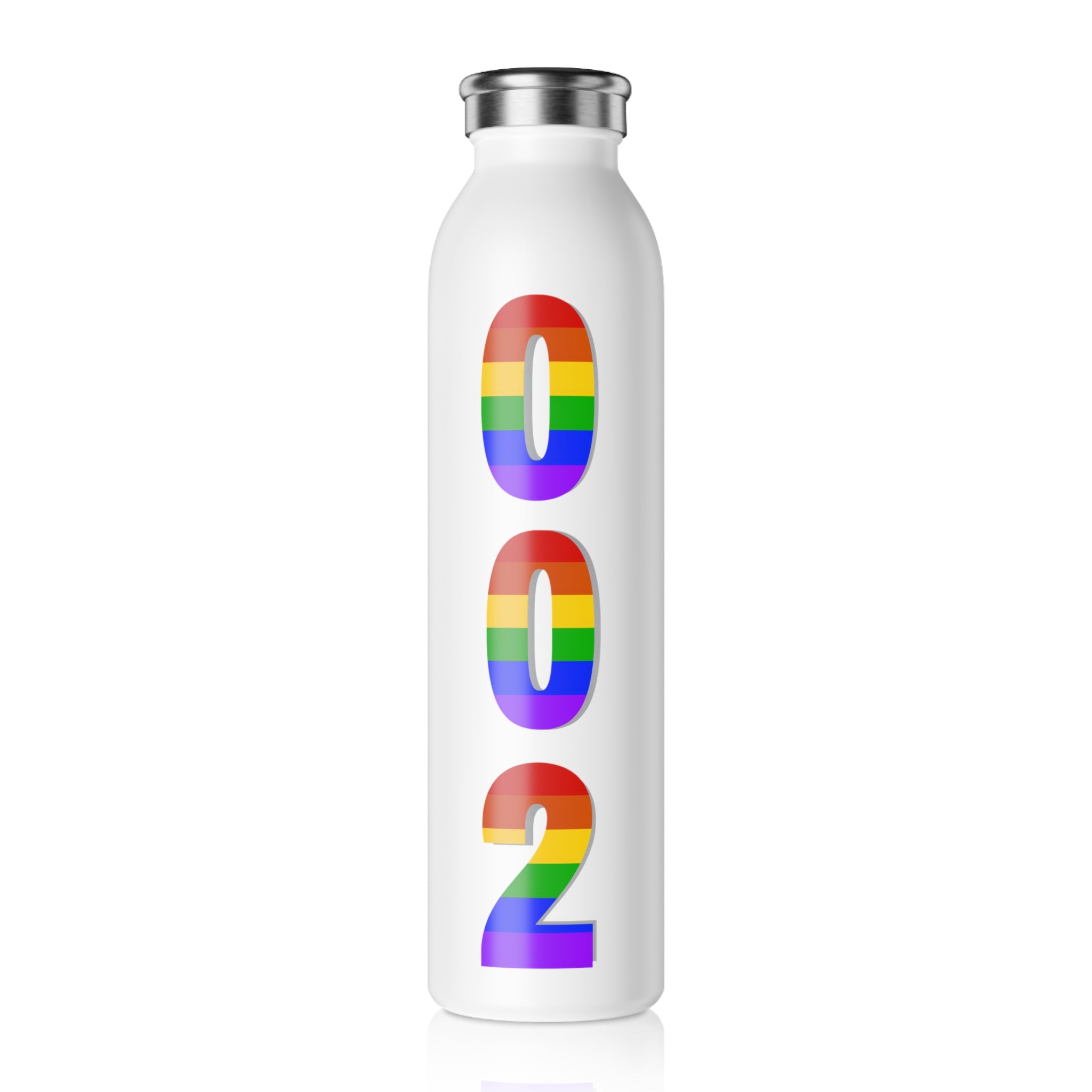 Slim stainless steel Pride 002 water bottle with rainbow pickleball and sports hydration design, ideal for active use.