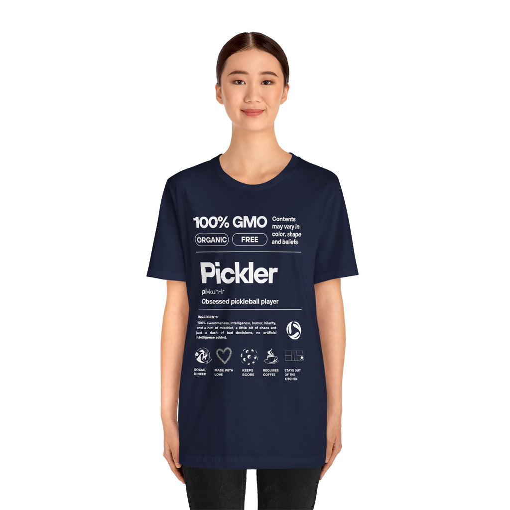 Women's Pickler Funny Definitions T-Shirt with white text, lightweight activewear featuring playful pickleball-themed print.