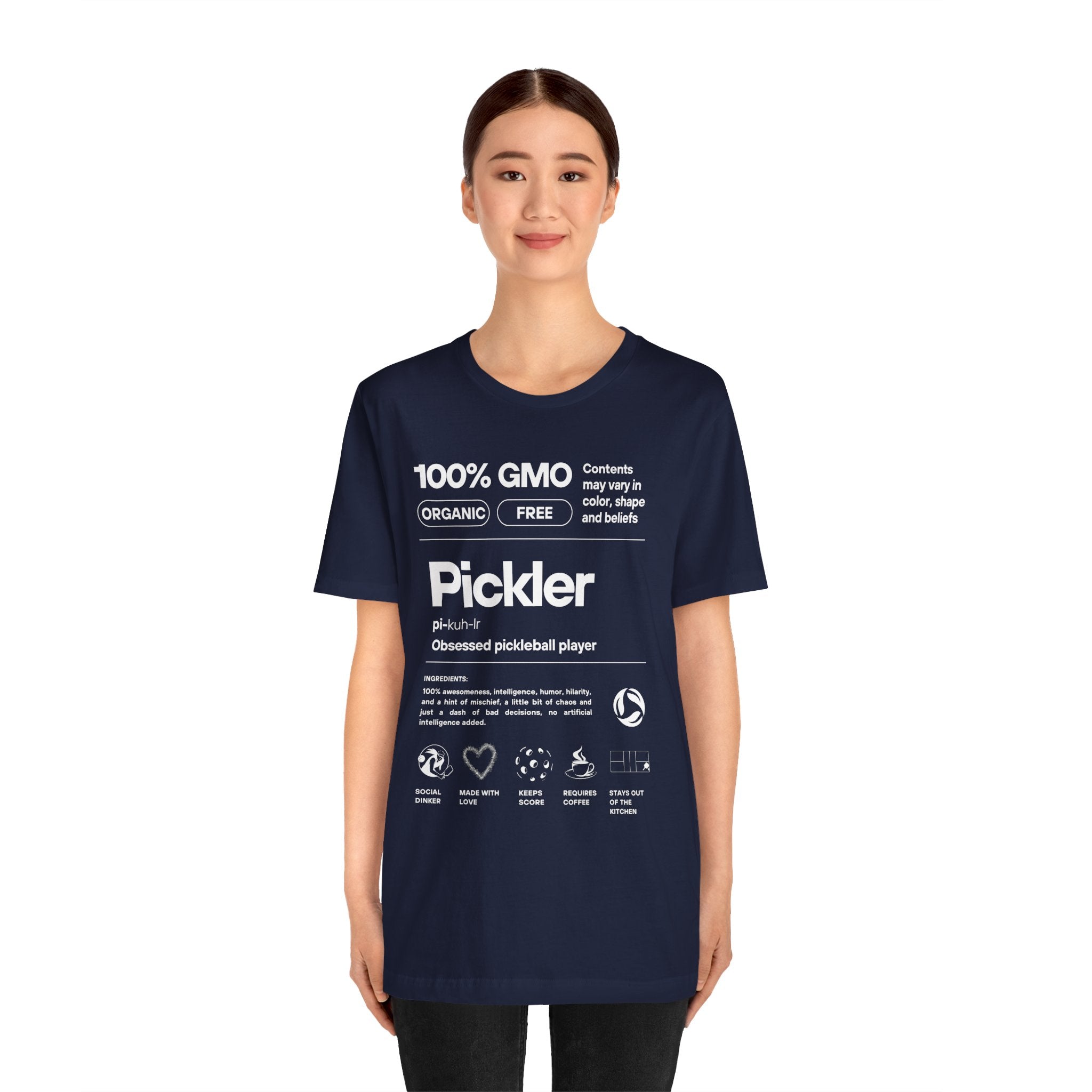 Women's Pickler Funny Definitions T-Shirt with white text, lightweight activewear featuring playful pickleball-themed print.