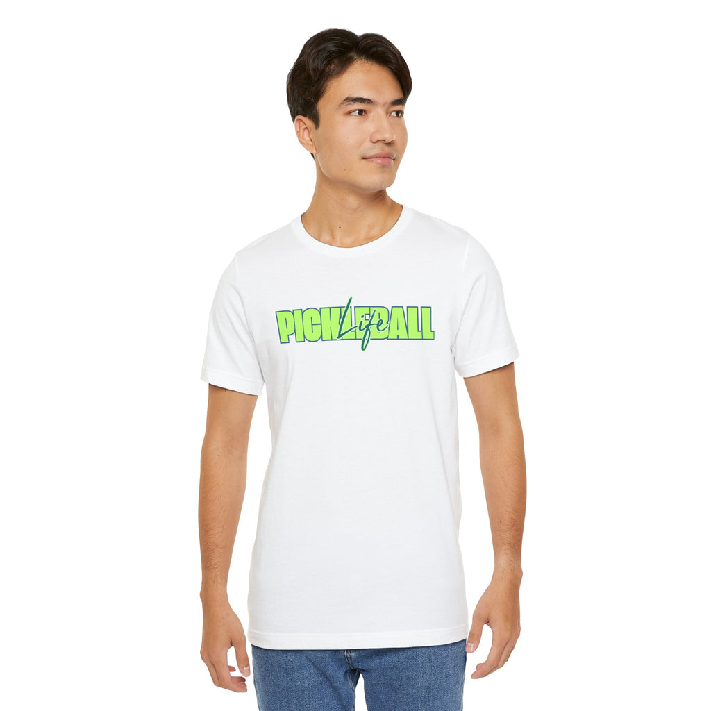 Unisex Pickleball Life T-shirt with bold green and blue graphic print, featuring a casual, comfortable design by Printify.