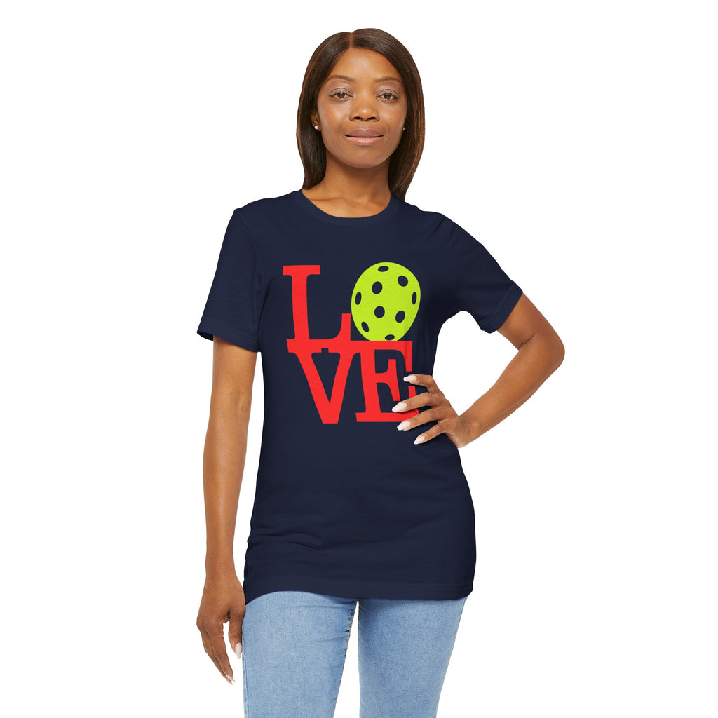 Neon Pop Art Pickleball LOVE T-Shirt by Printify featuring bright colors and bold design on a premium cotton tee.