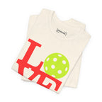 Neon pop art LOVE pickleball T-shirt by Printify, vibrant graphic design on a premium cotton tee.