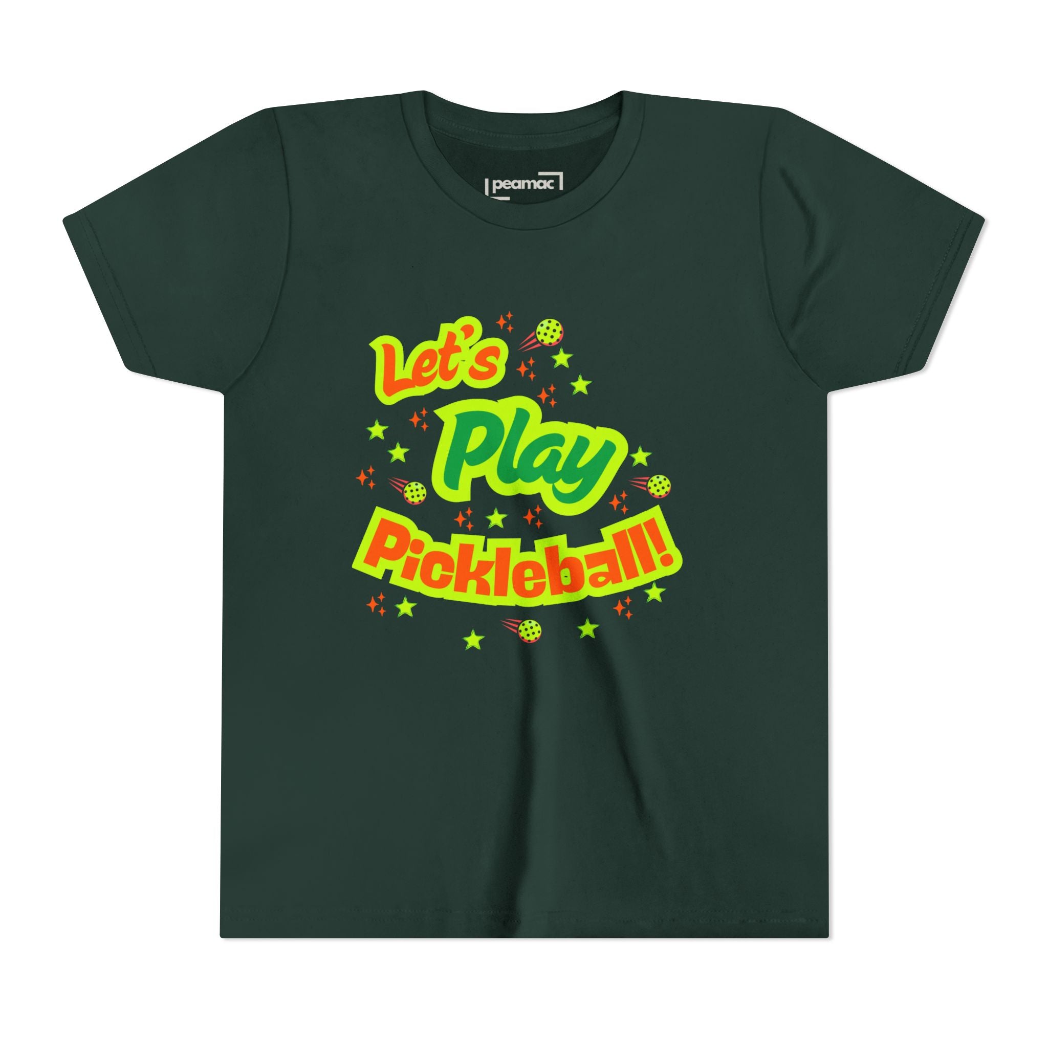 Youth neon pickleball graphic t-shirt for kids, featuring a colorful print and playful design, ideal for young pickleball enthusiasts.