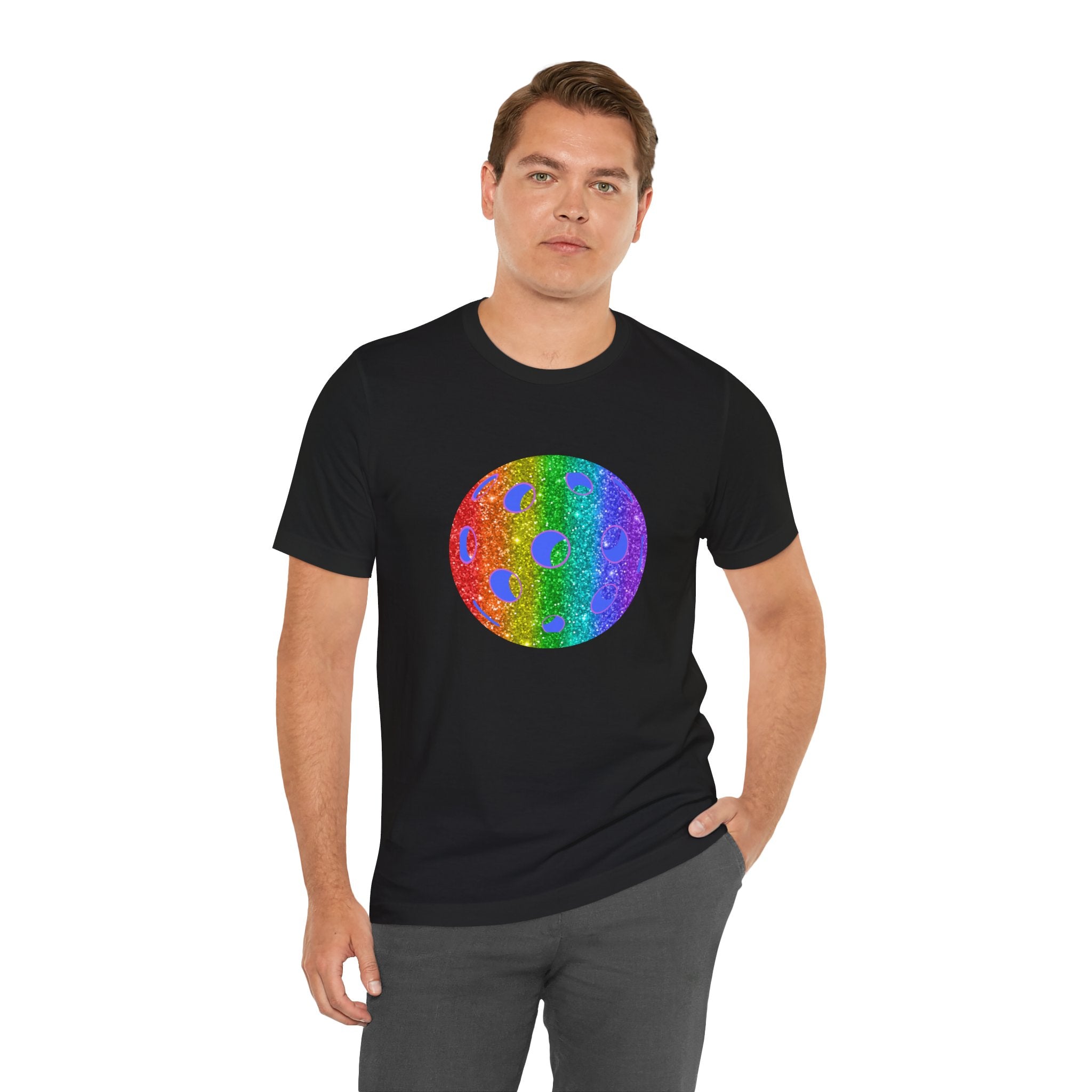 Rainbow glitter pickleball pride T-shirt featuring the Sparkle Loud and Proud Pickleball Pride Tee design by Printify.