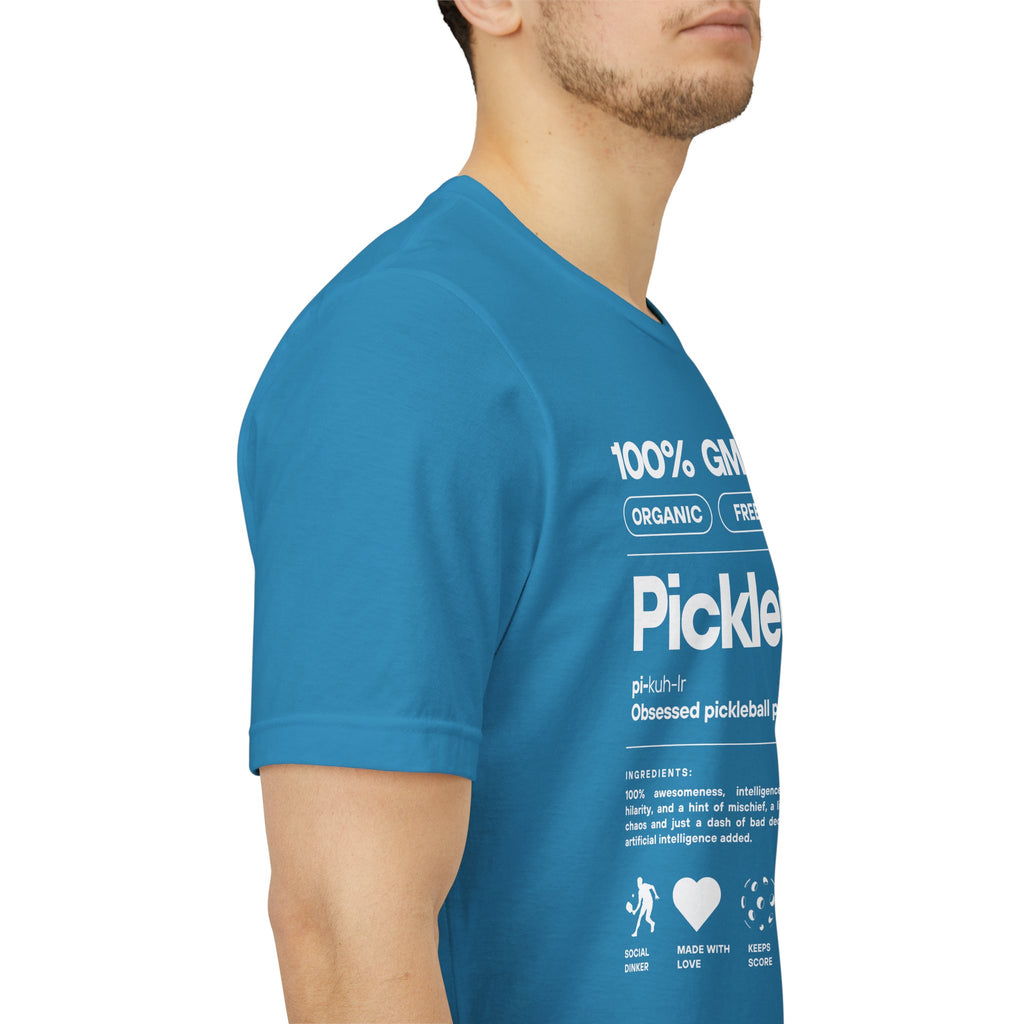 Men's white Pickler Funny Definitions T-Shirt with pickleball-themed text, lightweight activewear by Printify.