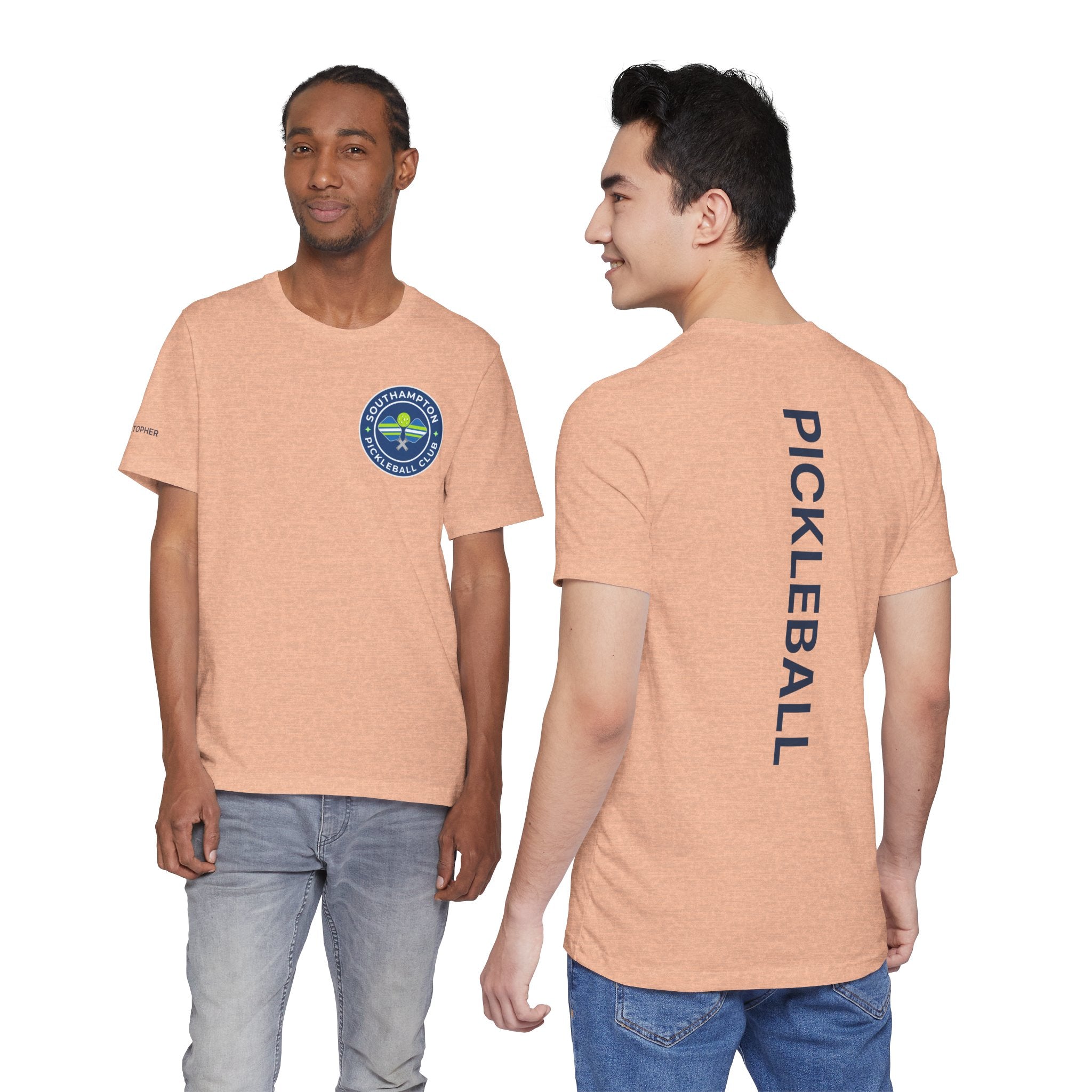 Personalized pickleball T-shirt by Printify featuring custom name sleeve, club logo, and pickleball graphic on the center back.