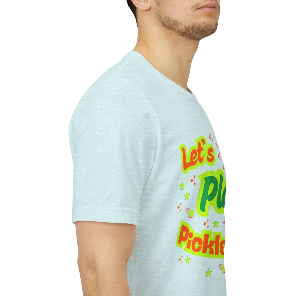 Neon orange and electric green pickleball rally T-shirt with court graphic, casual athletic style by Printify.