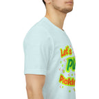 Neon orange and electric green pickleball rally T-shirt with court graphic, casual athletic style by Printify.