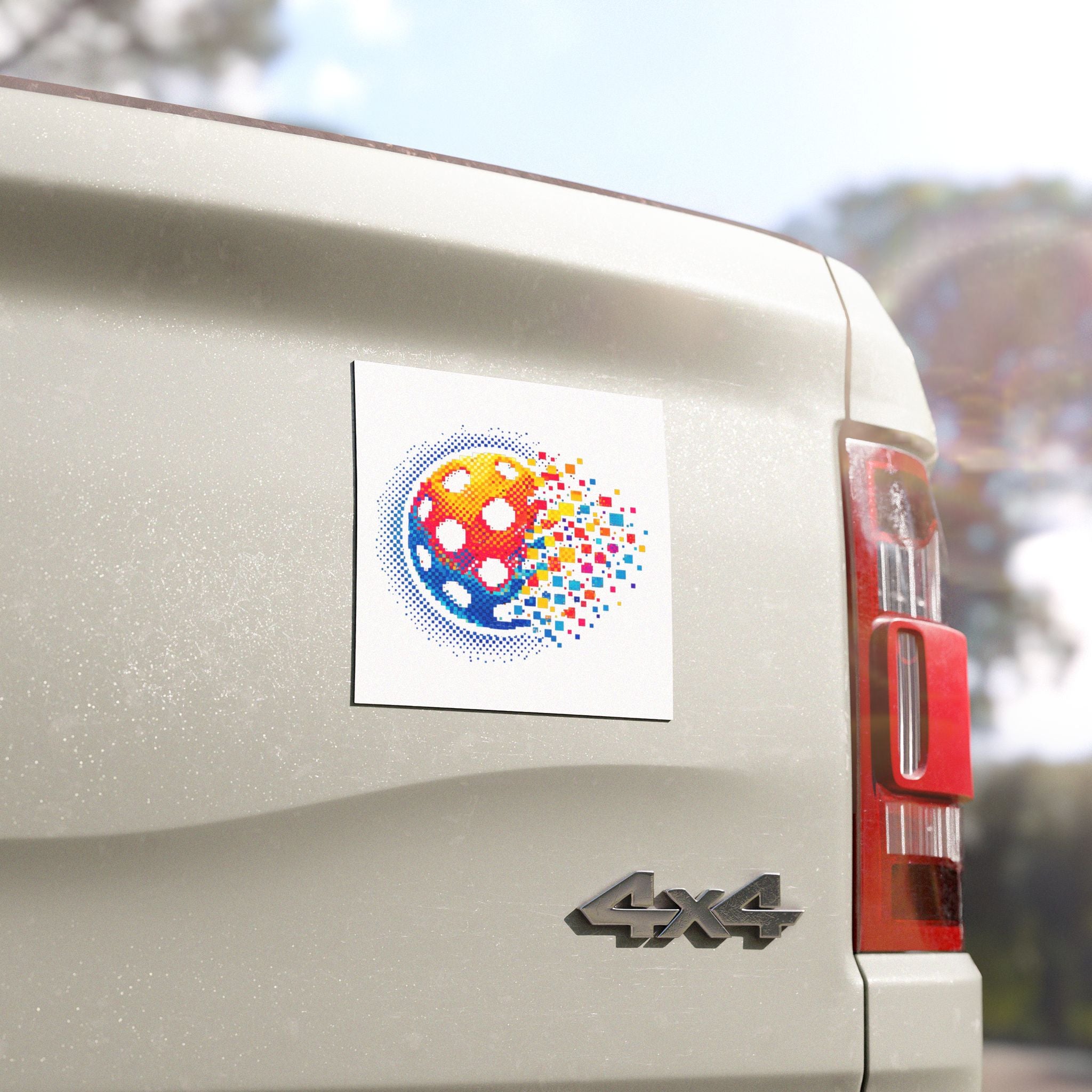 Auto magnet featuring Bold Matrix Burst pickleball design, 5x5 inches, by Printify, with colorful geometric pattern on white background.