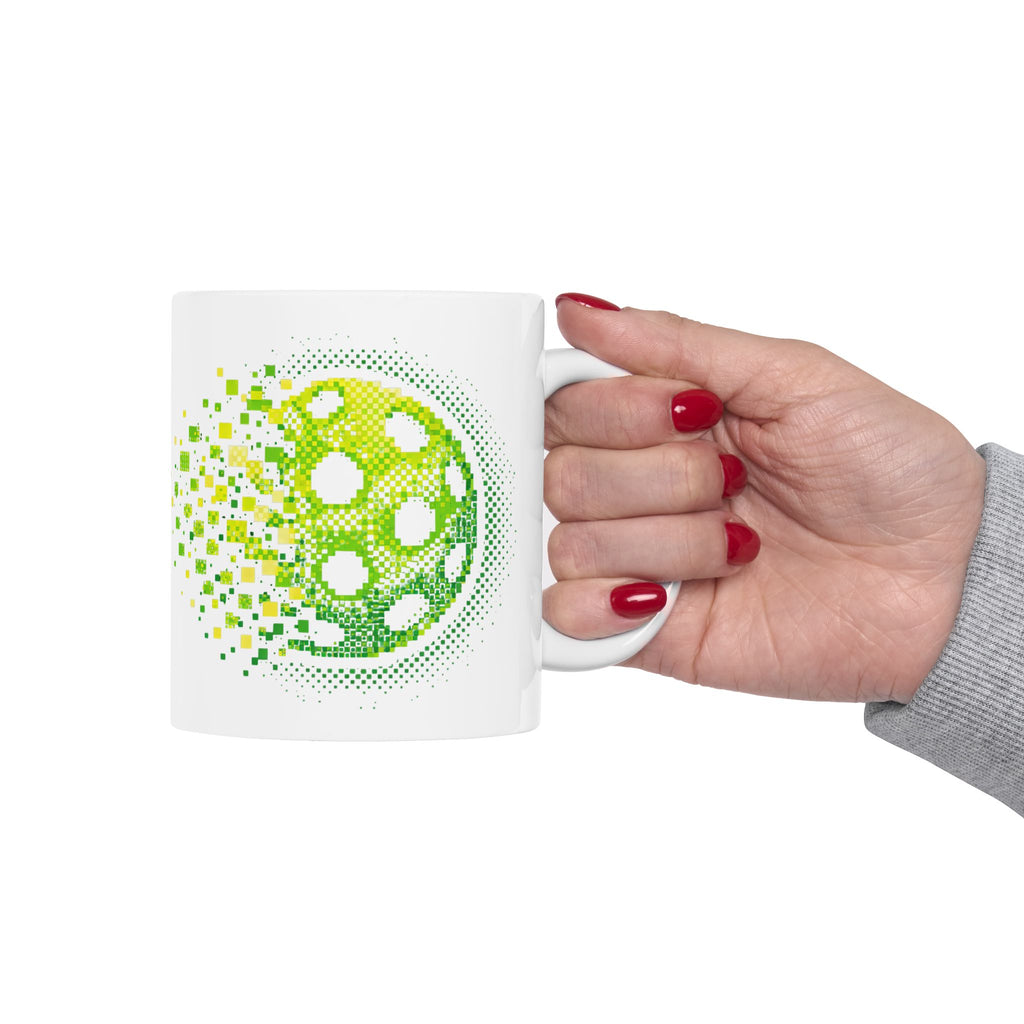 Green Pixelated Pickleball ceramic mug with retro exploding pickleball design, 11oz or 15oz, by Printify