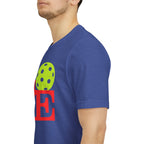 Neon pop art LOVE Pickleball T-shirt by Printify featuring vibrant colors and bold design, casual fit for pickleball enthusiasts.