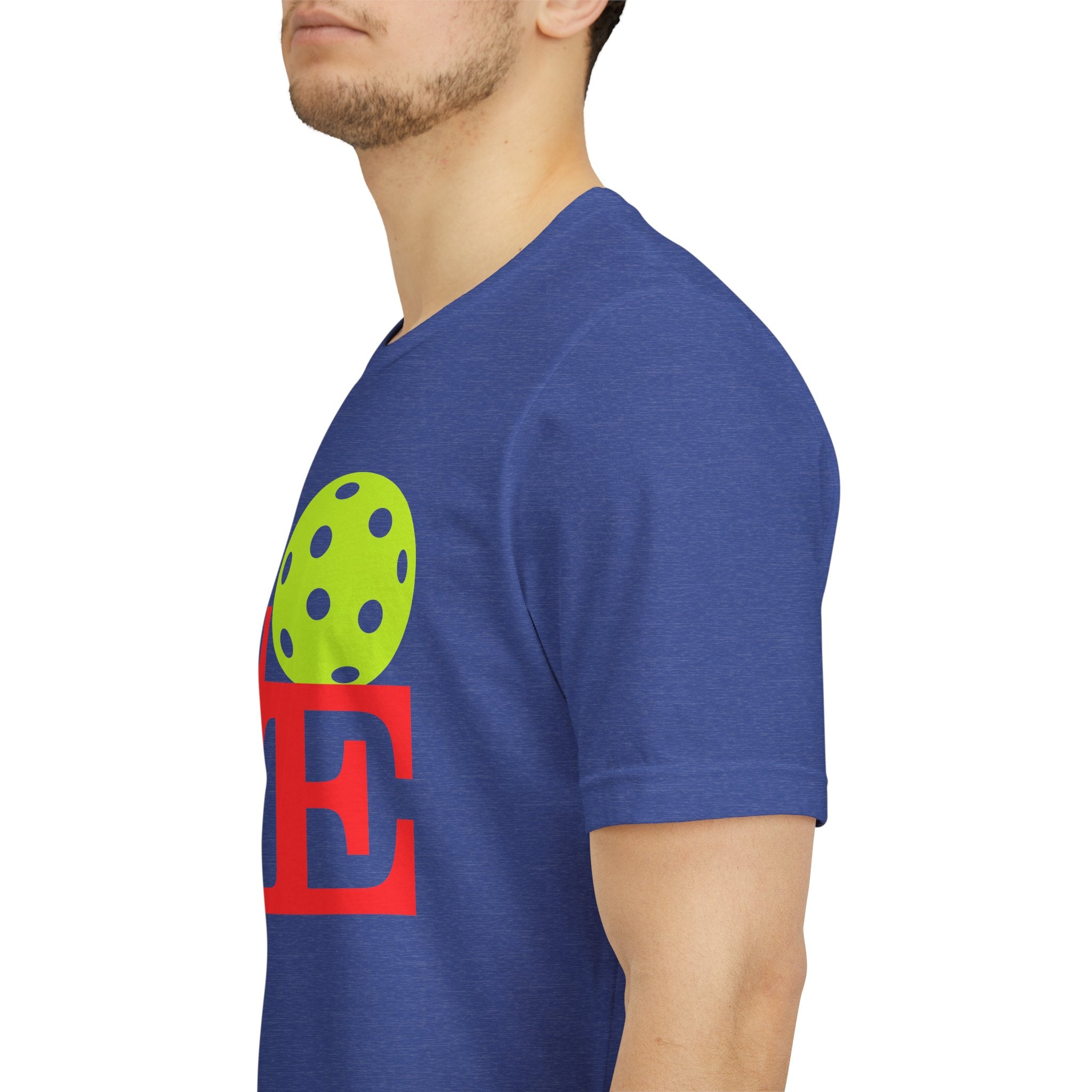 Neon pop art LOVE Pickleball T-shirt by Printify featuring vibrant colors and bold design, casual fit for pickleball enthusiasts.