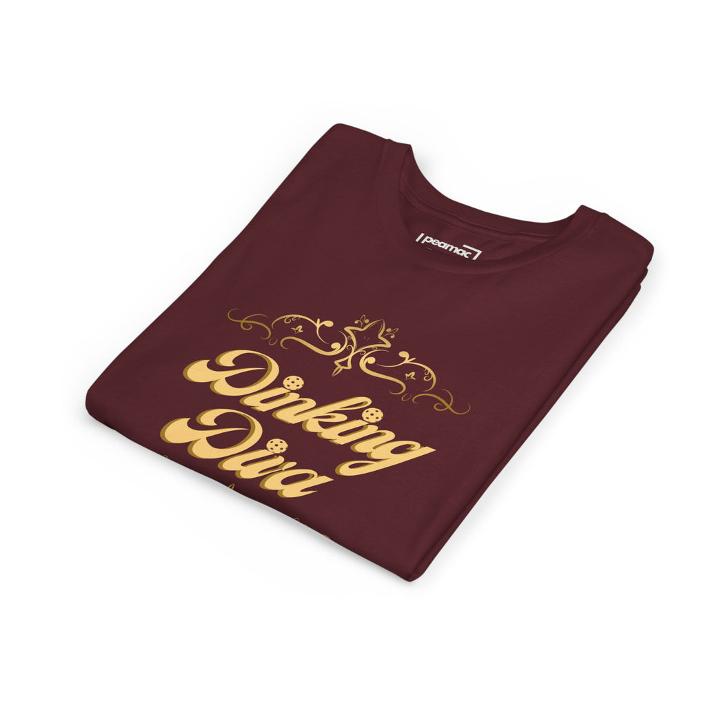 Youth Dinking Diva T-shirt featuring a gold filigree pickleball graphic, kids' casual tee by Printify.