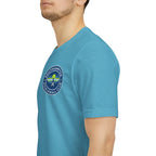 Personalized pickleball T-shirt by Printify with custom name on sleeve, club logo, and pickleball graphic on center back.
