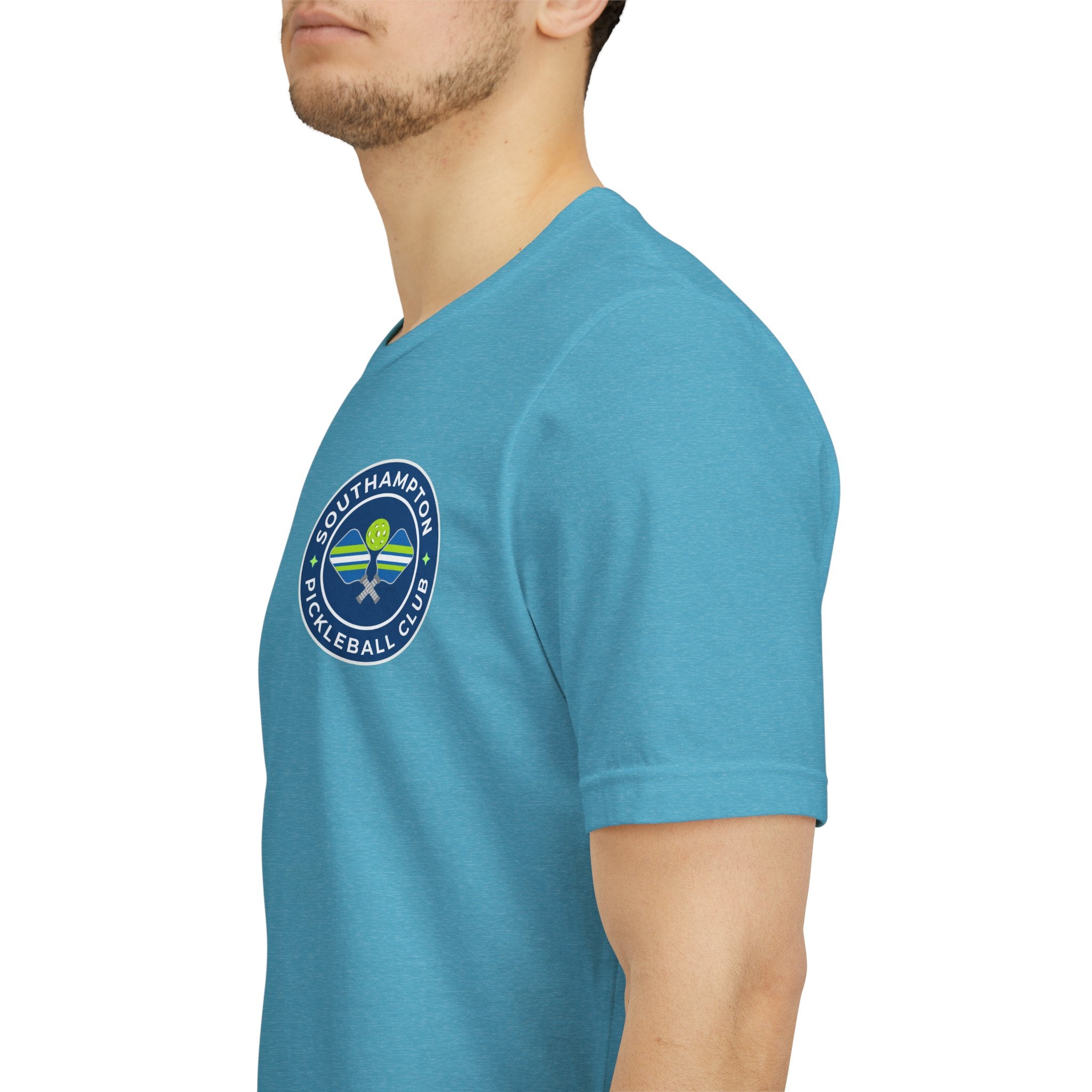 Personalized pickleball T-shirt by Printify with custom name on sleeve, club logo, and pickleball graphic on center back.