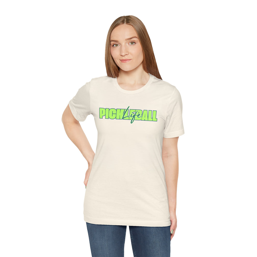 Unisex Pickleball Life graphic T-shirt in bold green and blue colors, featuring a vibrant pickleball design by Printify.